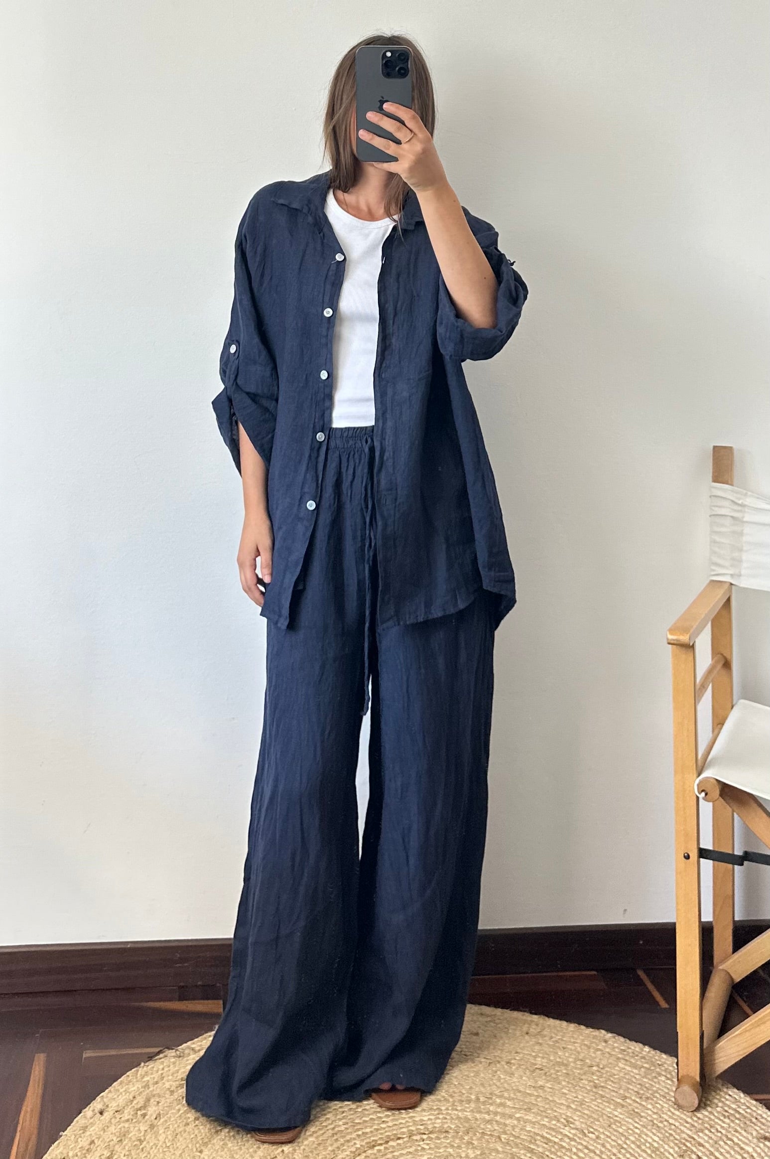 CAMICIA 100% puro LINO blu notte