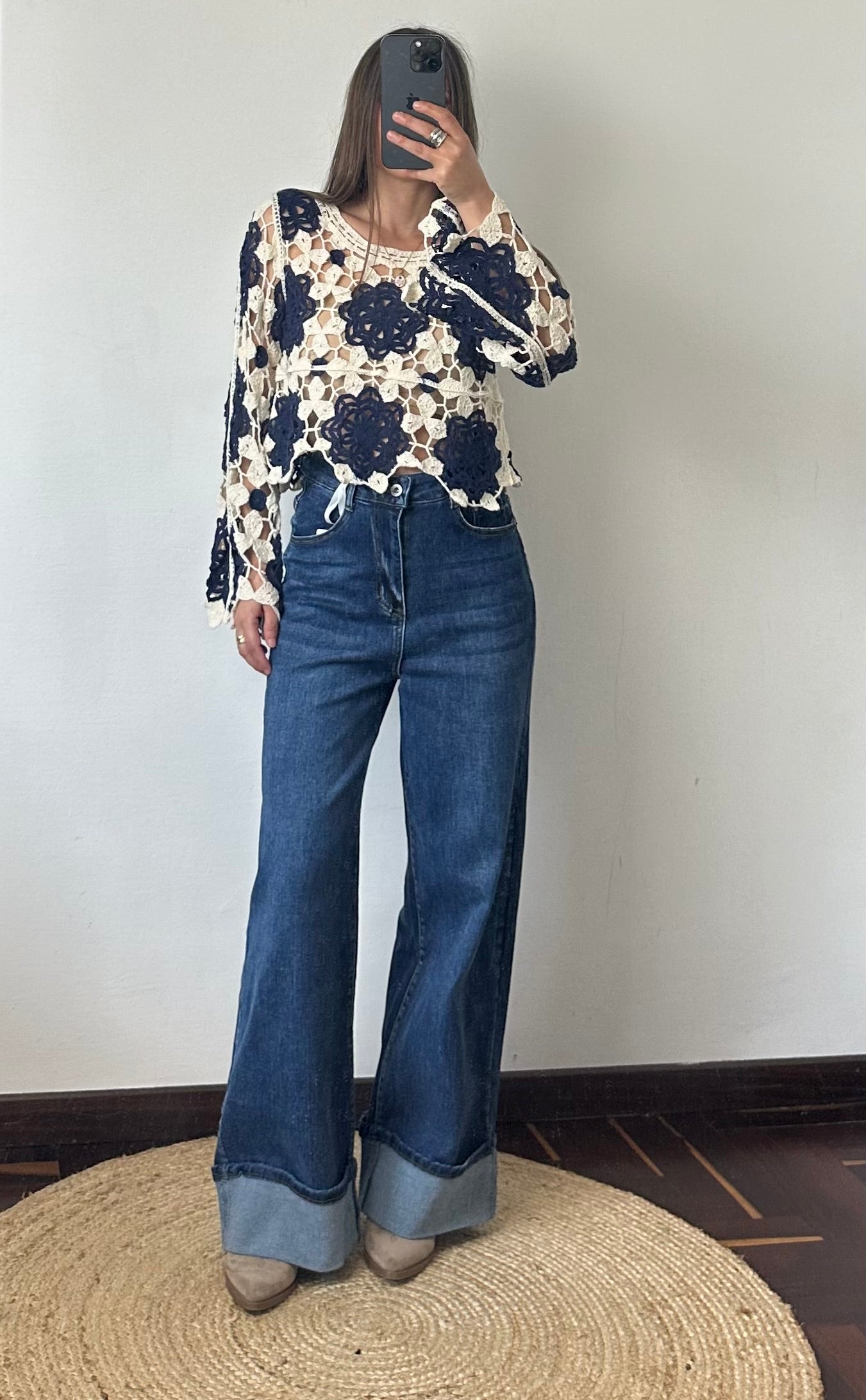Maglia crochet crop fiore 100% cotone traforato