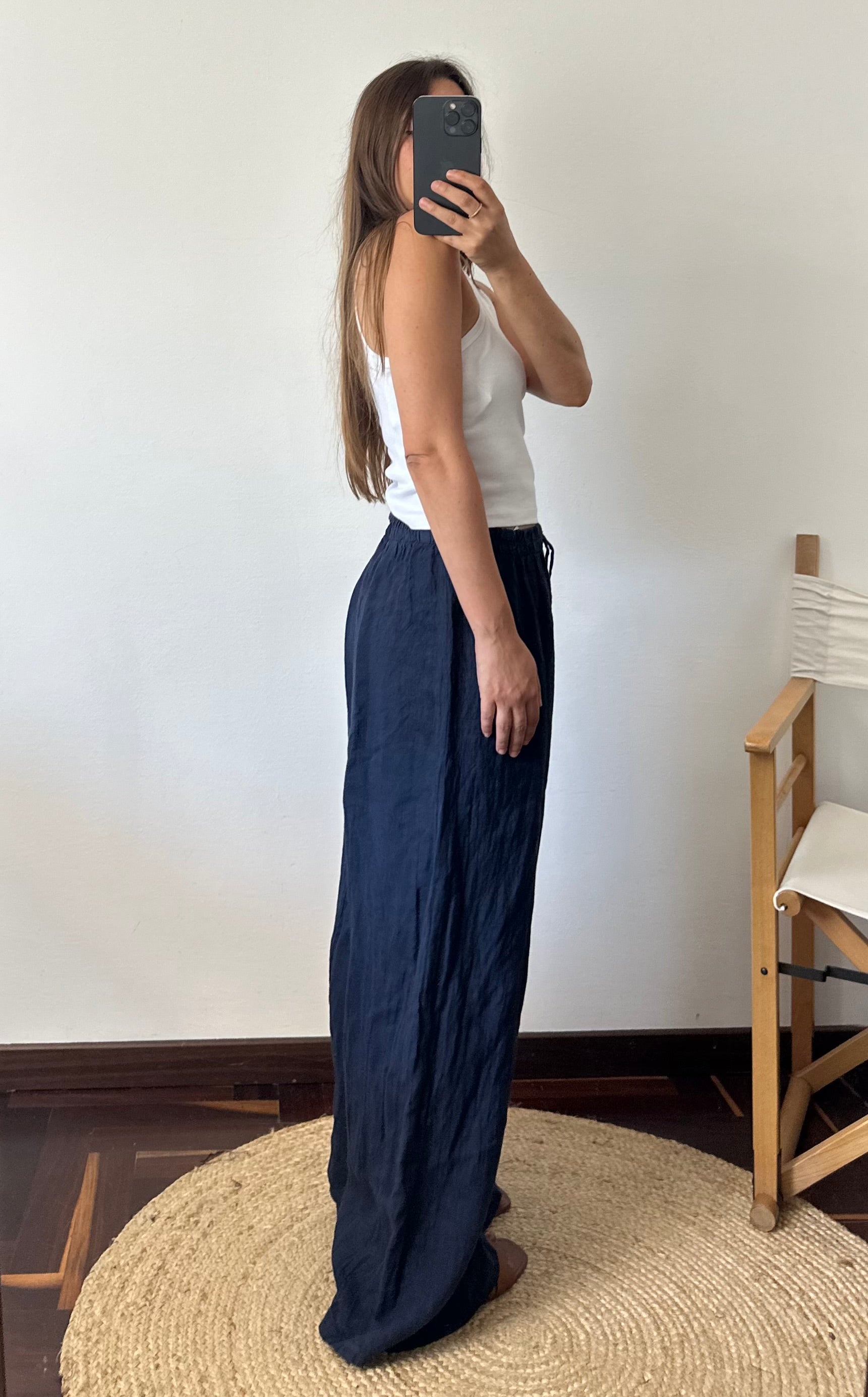 PANTALONE con tasche 100% LINO Blu notte