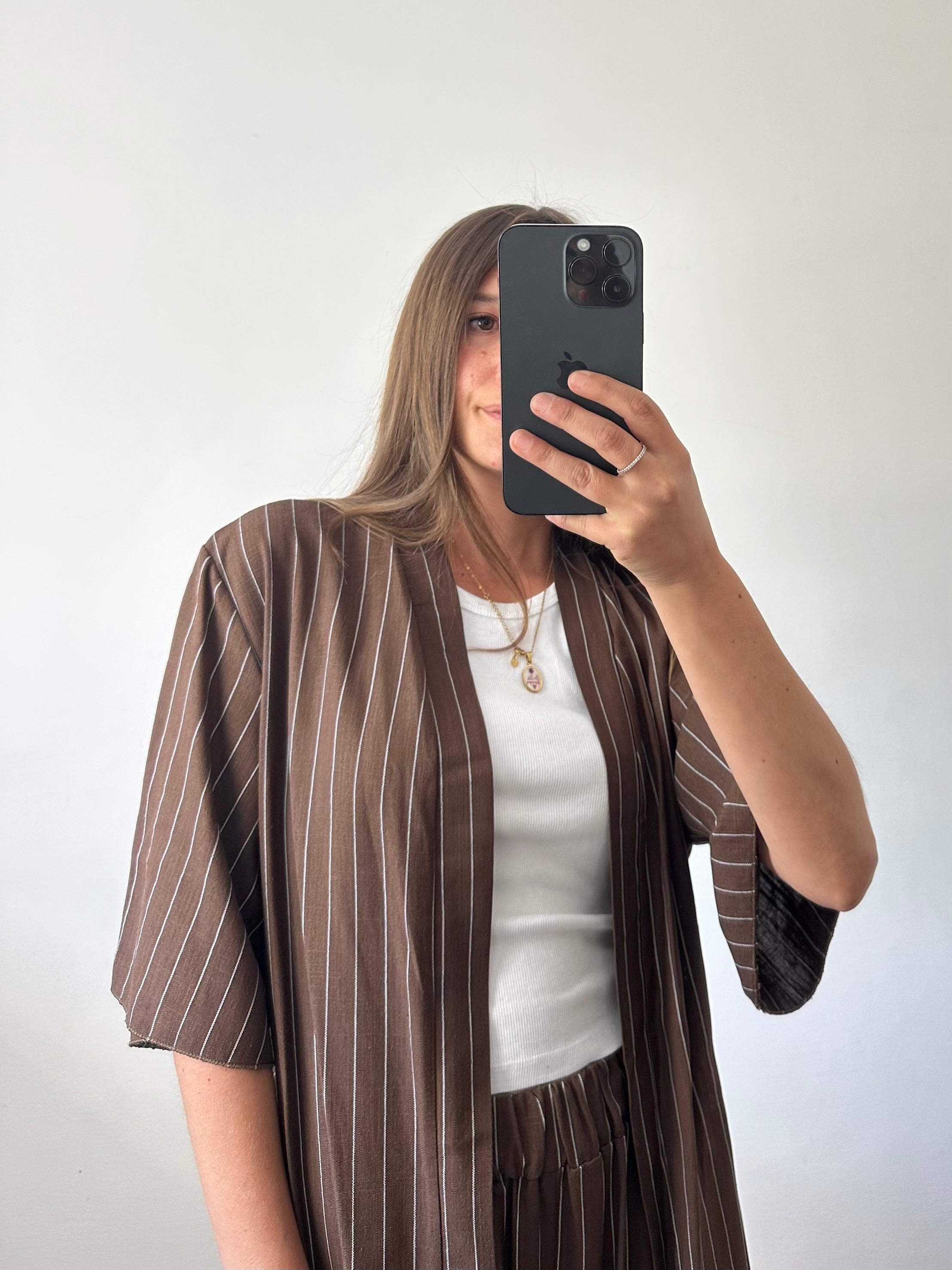 COORDINATO KIMONO misto lino marrone gessato