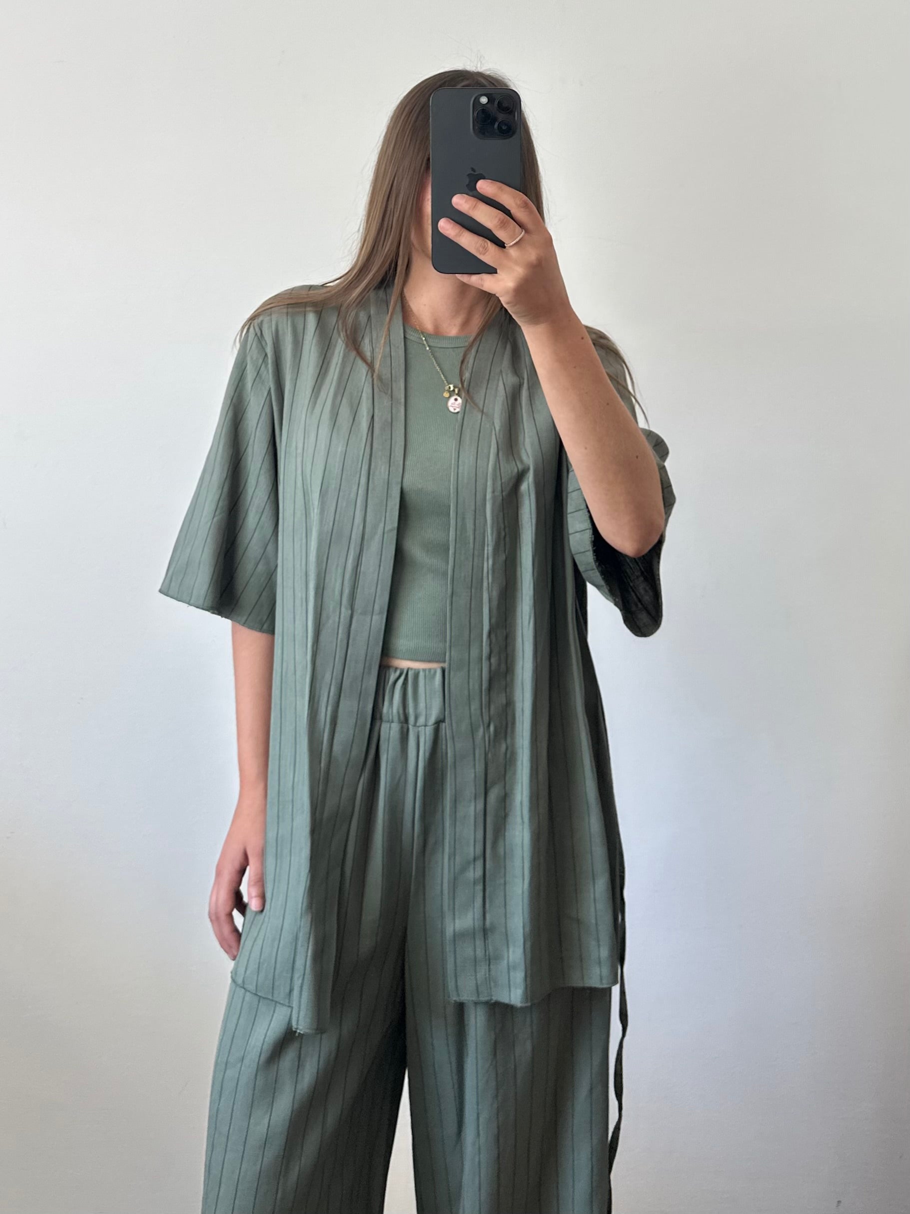 COORDINATO KIMONO misto lino verde gessato