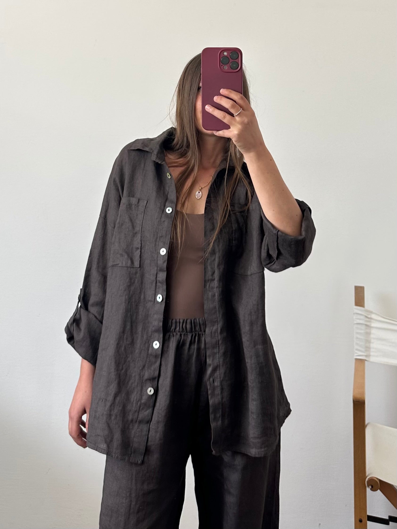 CAMICIA 100% puro LINO cioccolato