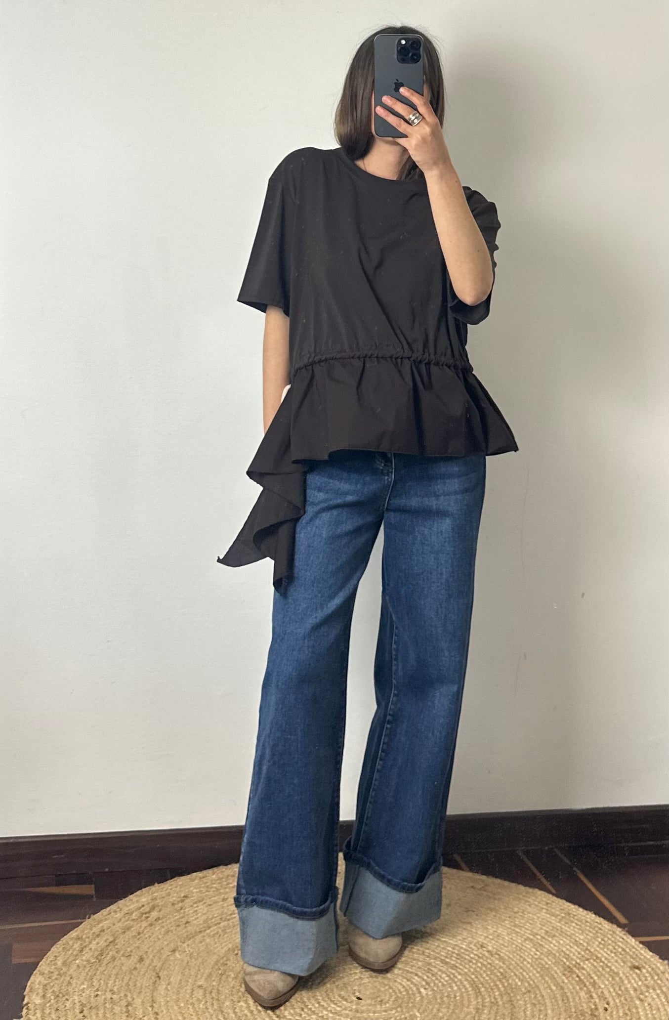 T-shirt volant in cotone marrone