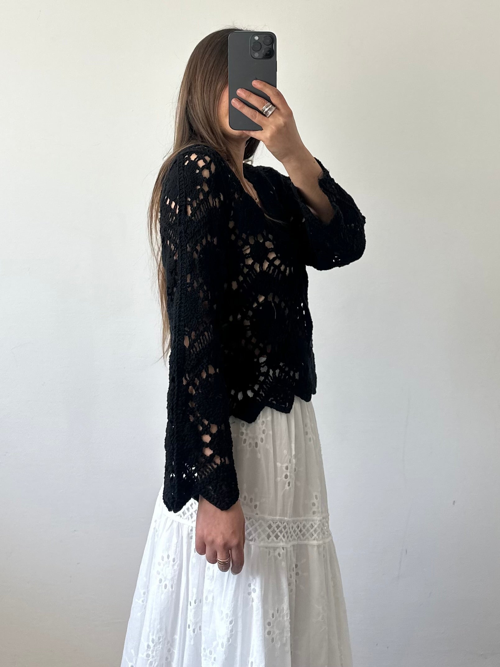 Cardigan crochet 100% cotone traforato nero