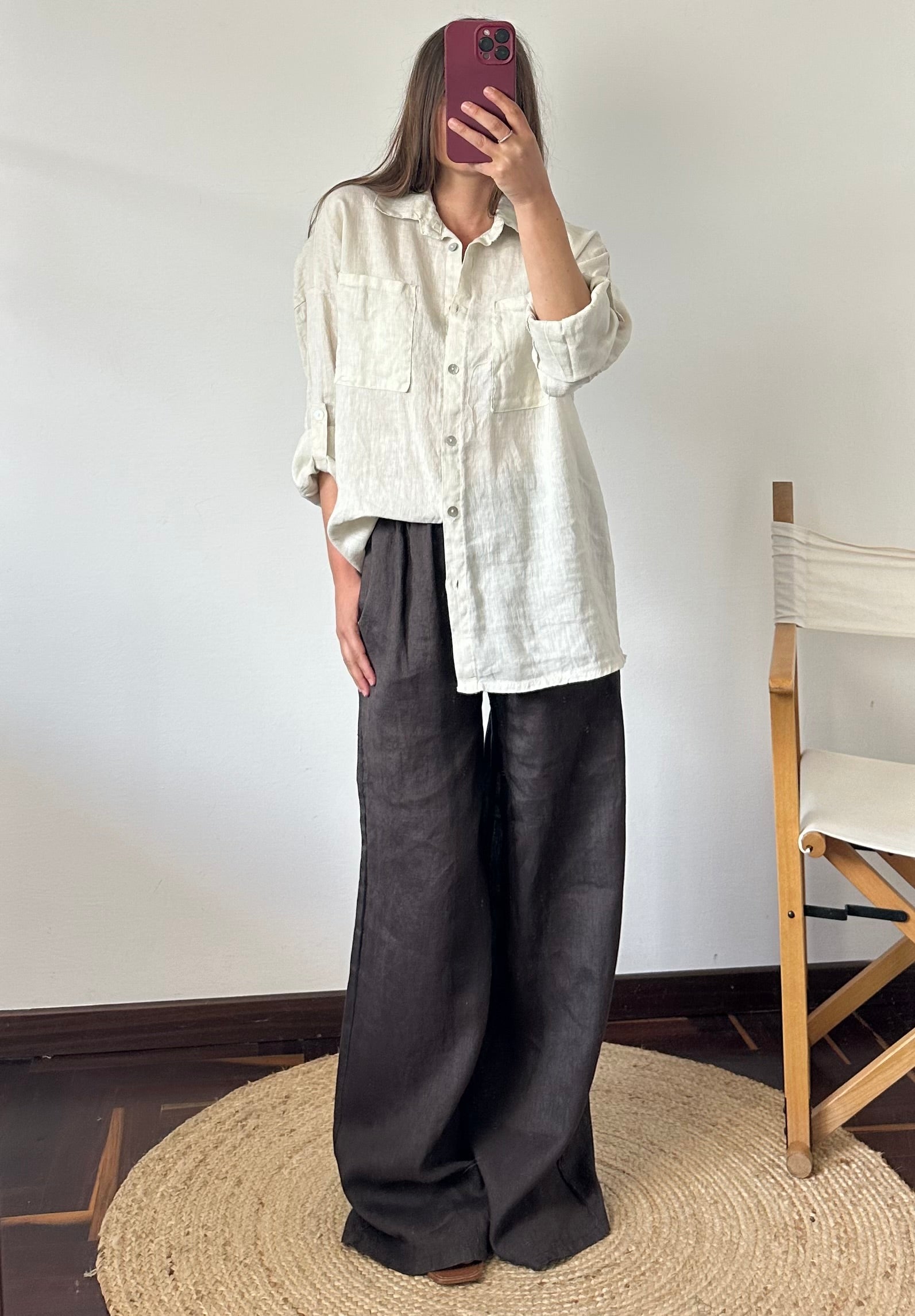 CAMICIA con taschino 100% puro LINO beige chiaro