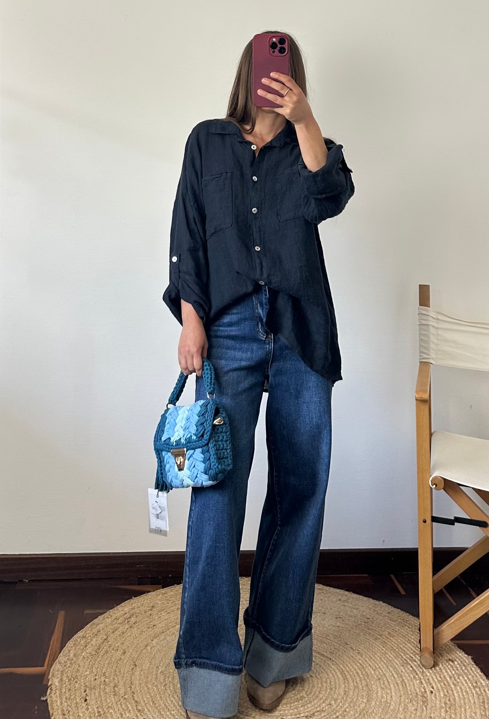 CAMICIA 100% puro con taschino LINO BLU