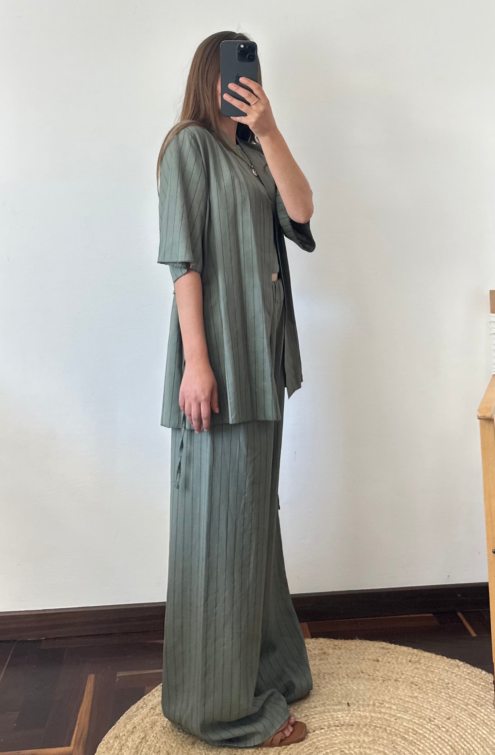 COORDINATO KIMONO misto lino verde gessato