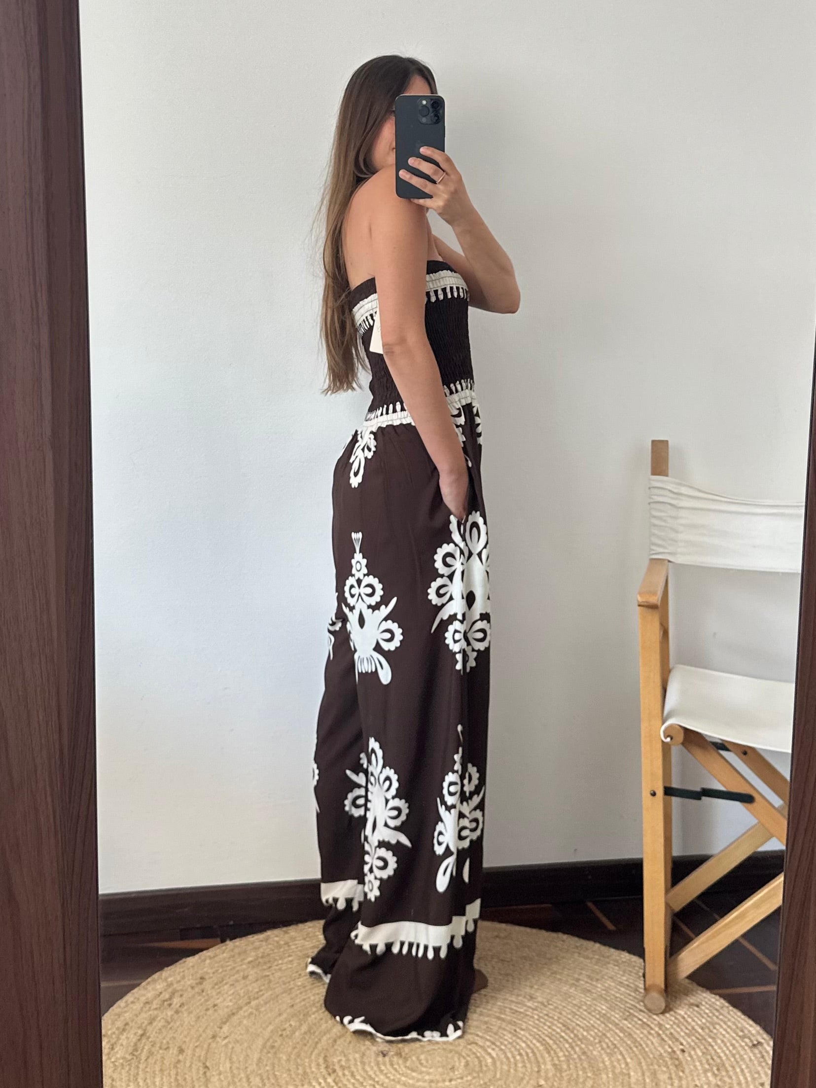 JUMPSUIT 100% VISCOSA STAMPA ETNICA MARRONE