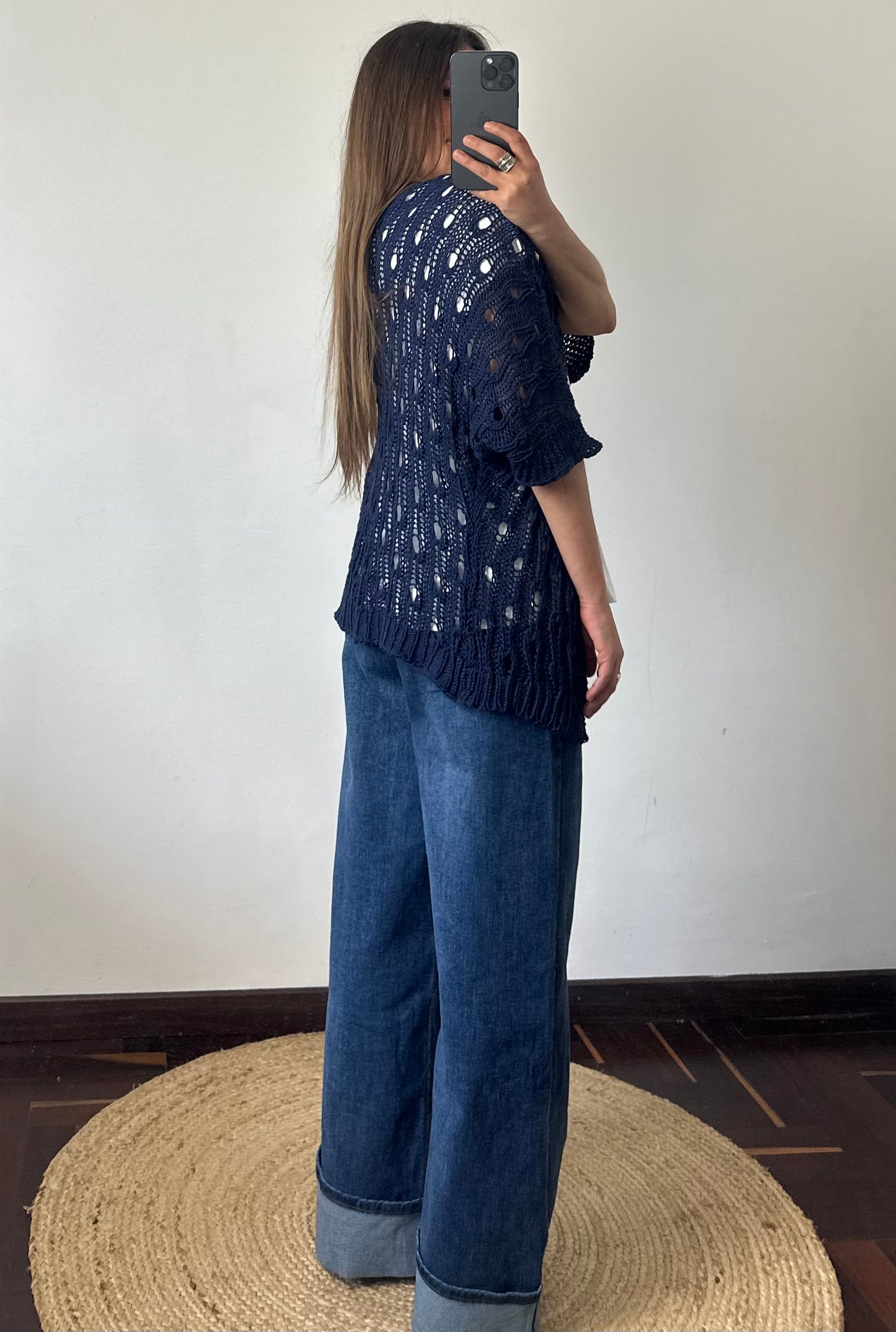 Cardigan crochet 100% cotone traforato aperto blu