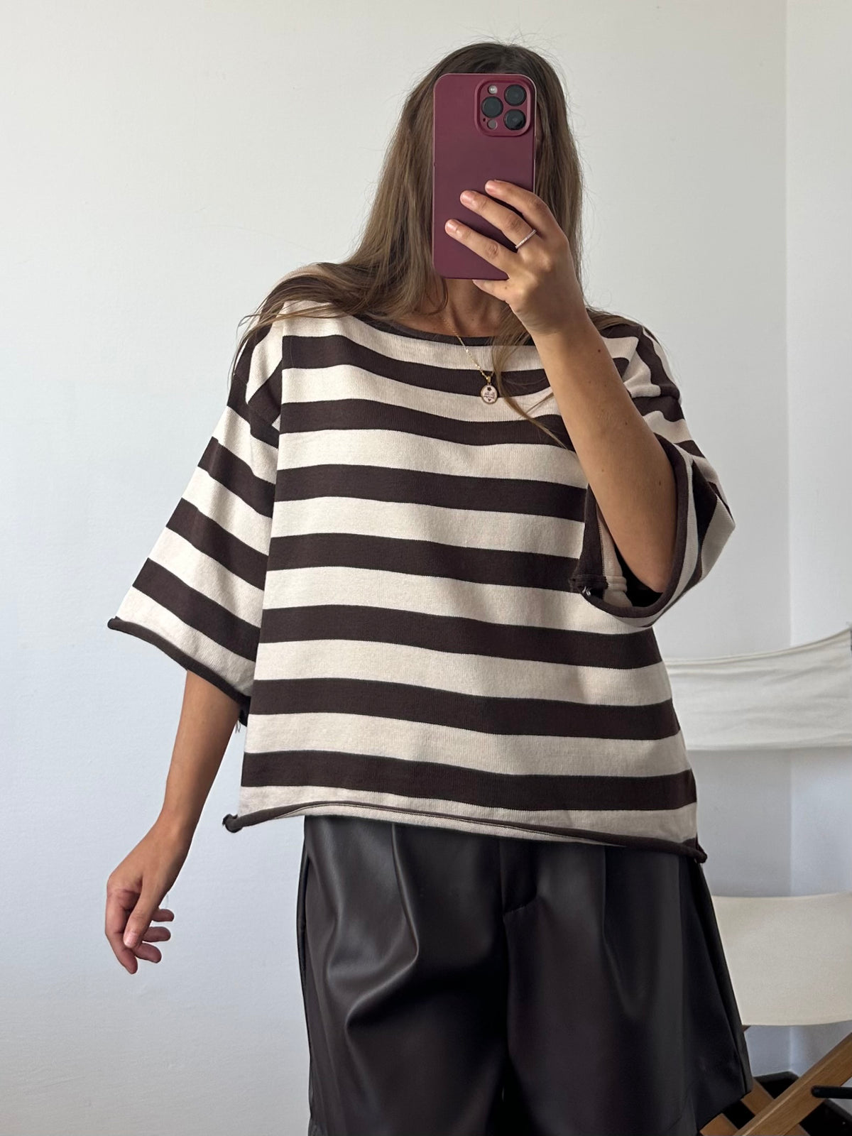 PULLOVER RIGHE in morbida viscosa MARRONE