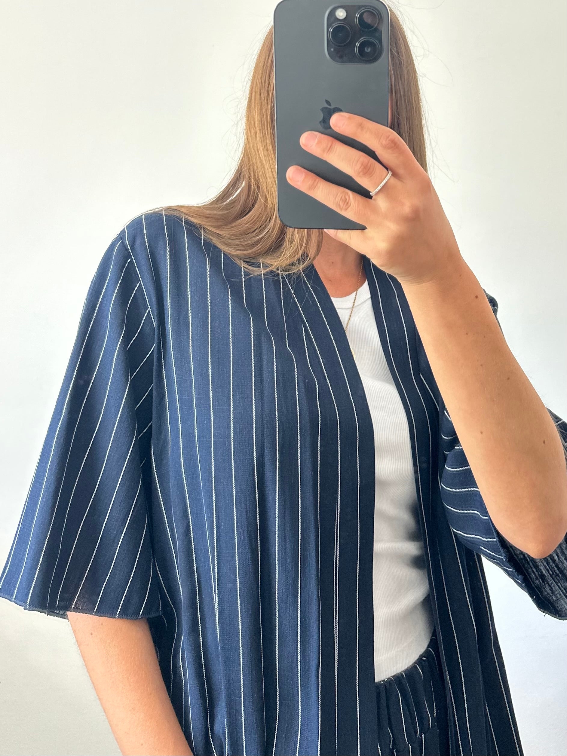 COORDINATO KIMONO misto lino blu gessato