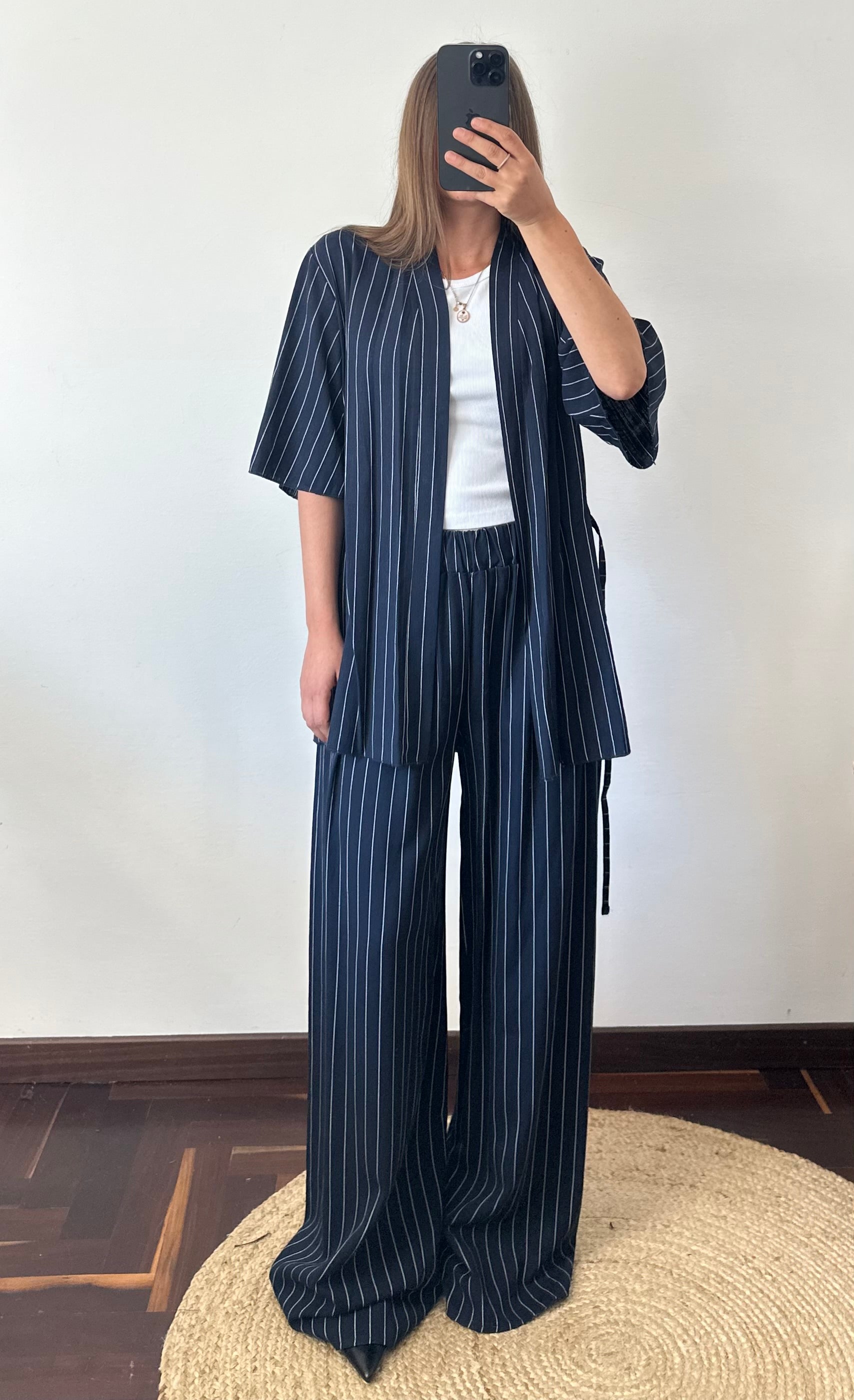 COORDINATO KIMONO misto lino blu gessato