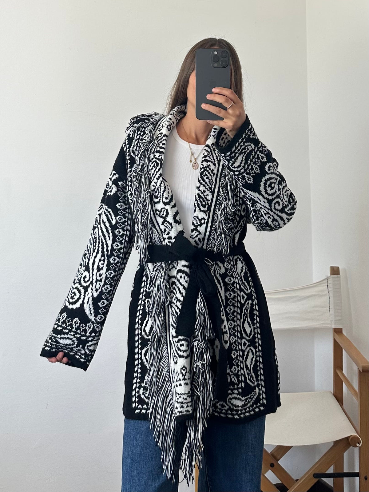 CARDIGAN fantasia PAISLEY NERO-BIANCO