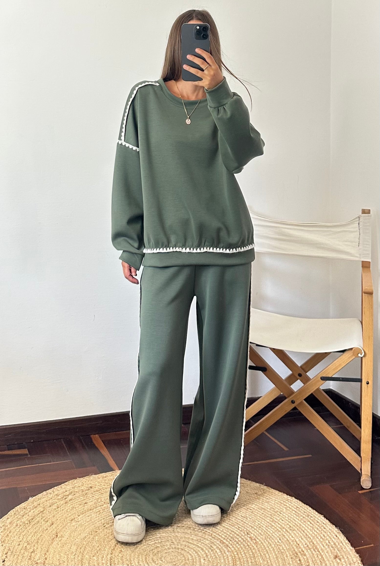 PANTALONE RICAMO PUNTO MILANO VERDE MILITARE