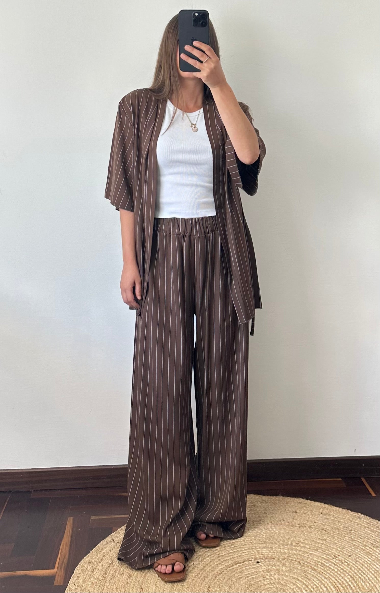 COORDINATO KIMONO misto lino marrone gessato
