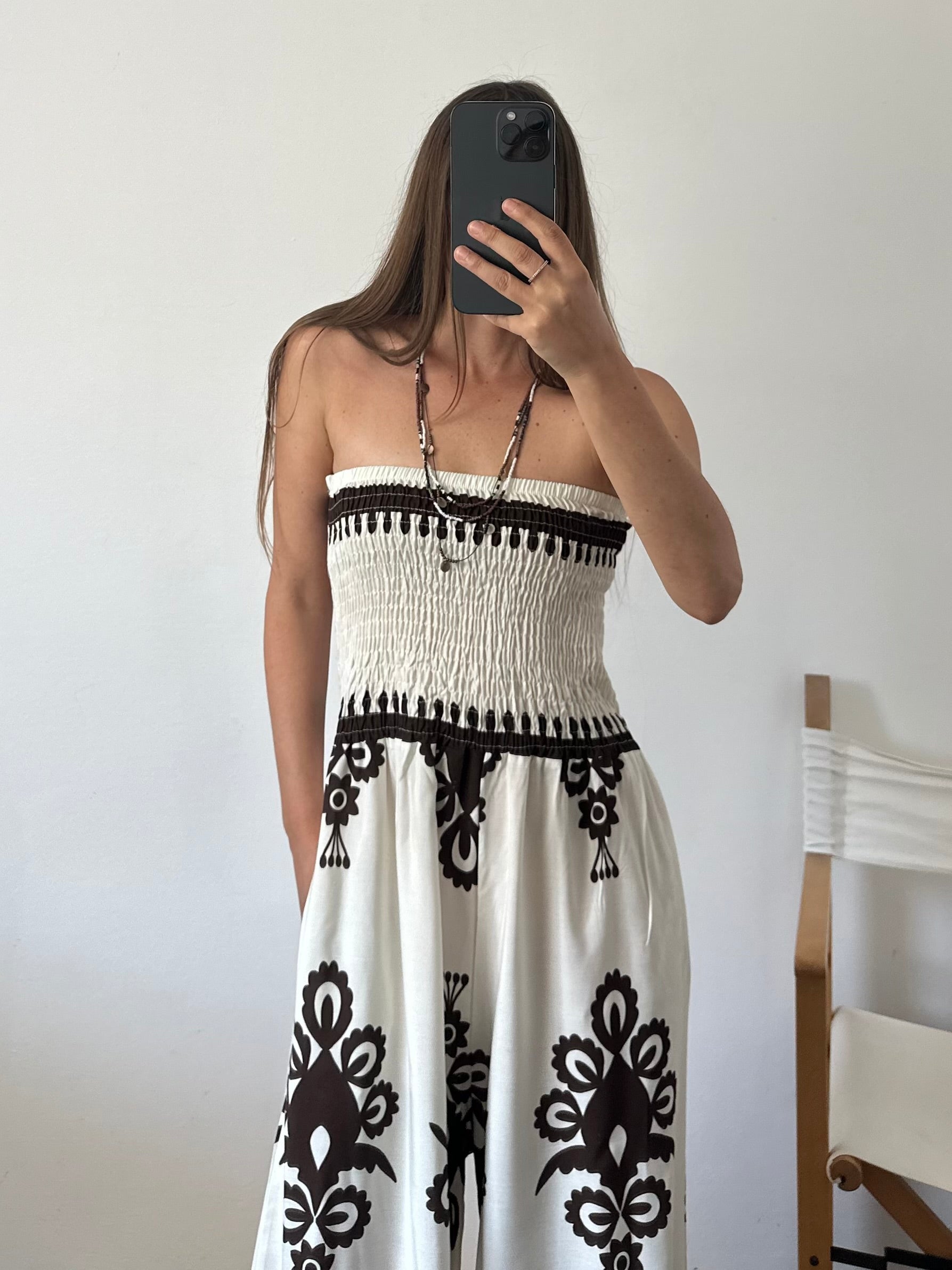 JUMPSUIT 100% VISCOSA STAMPA ETNICA bianca-marrone