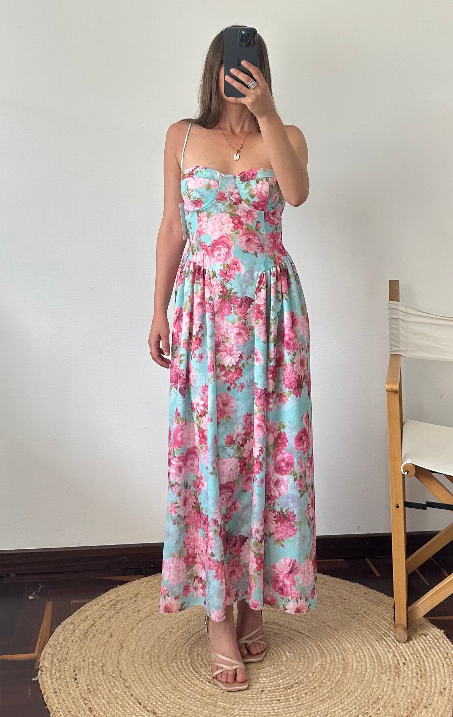 ABITO midi rose in cotone verde acqua-rosa