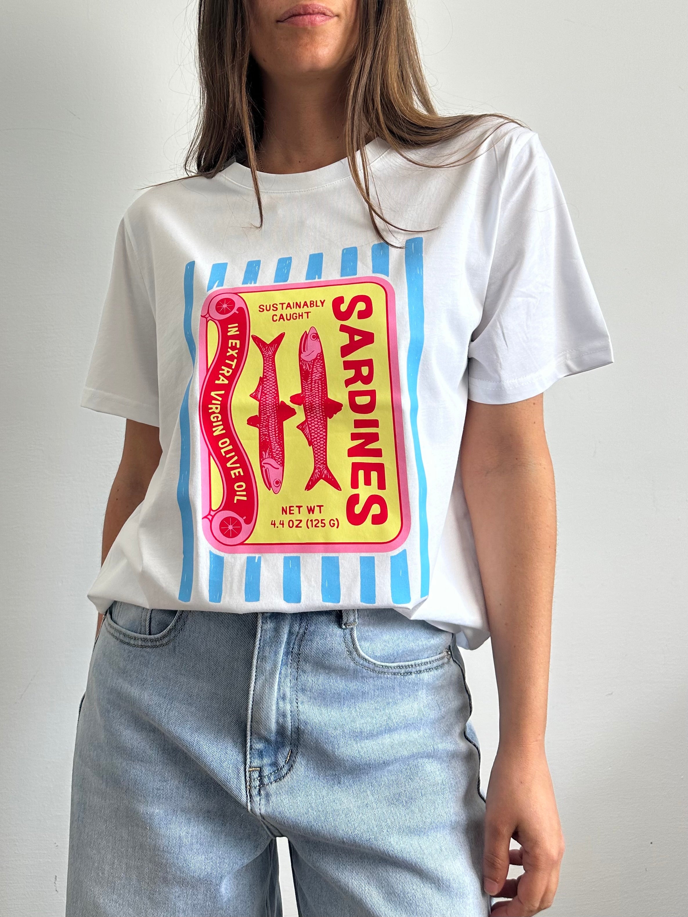 T-shirt in cotone “ Sardines” azzurra-gialla