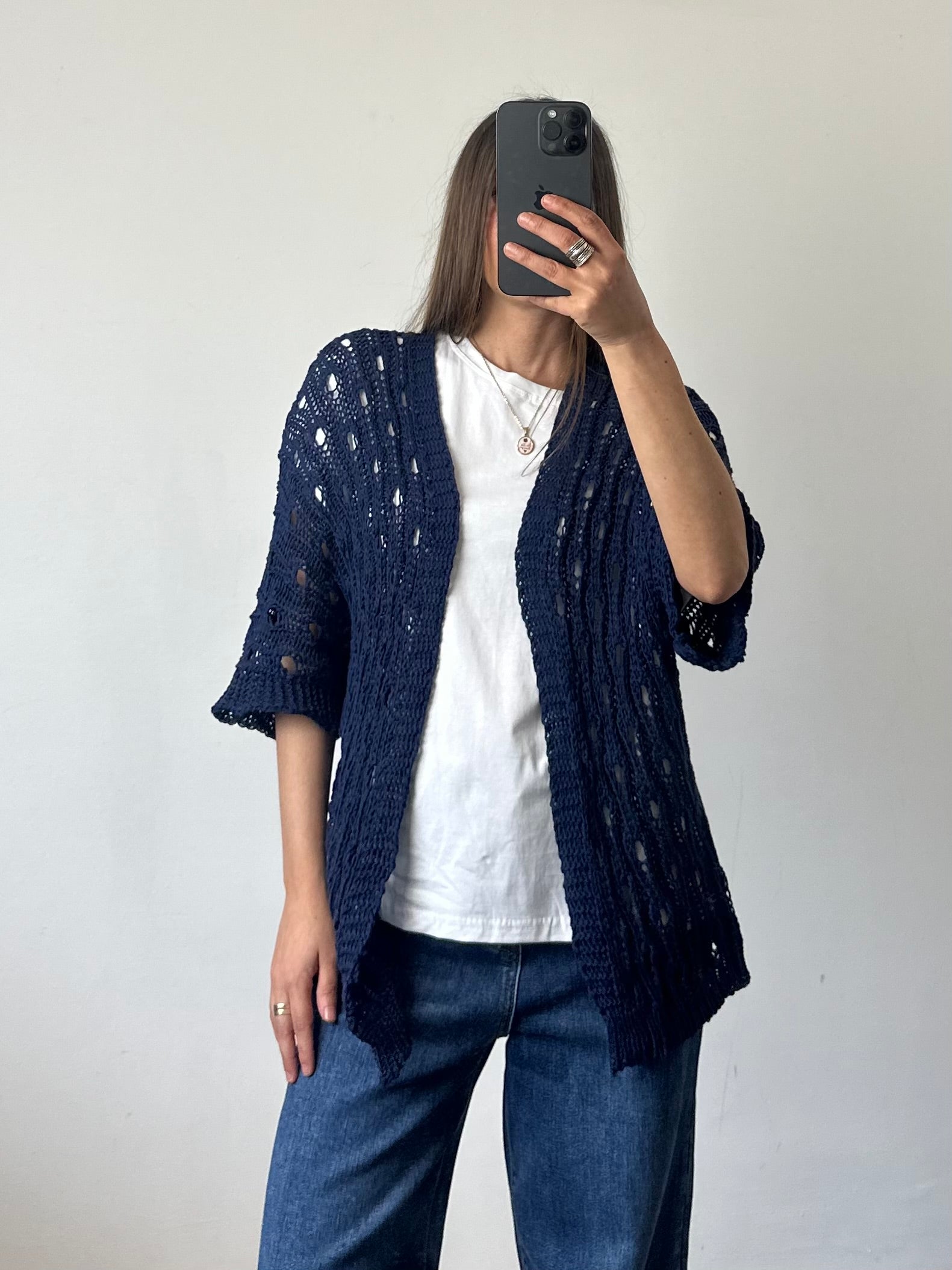 Cardigan crochet 100% cotone traforato aperto blu