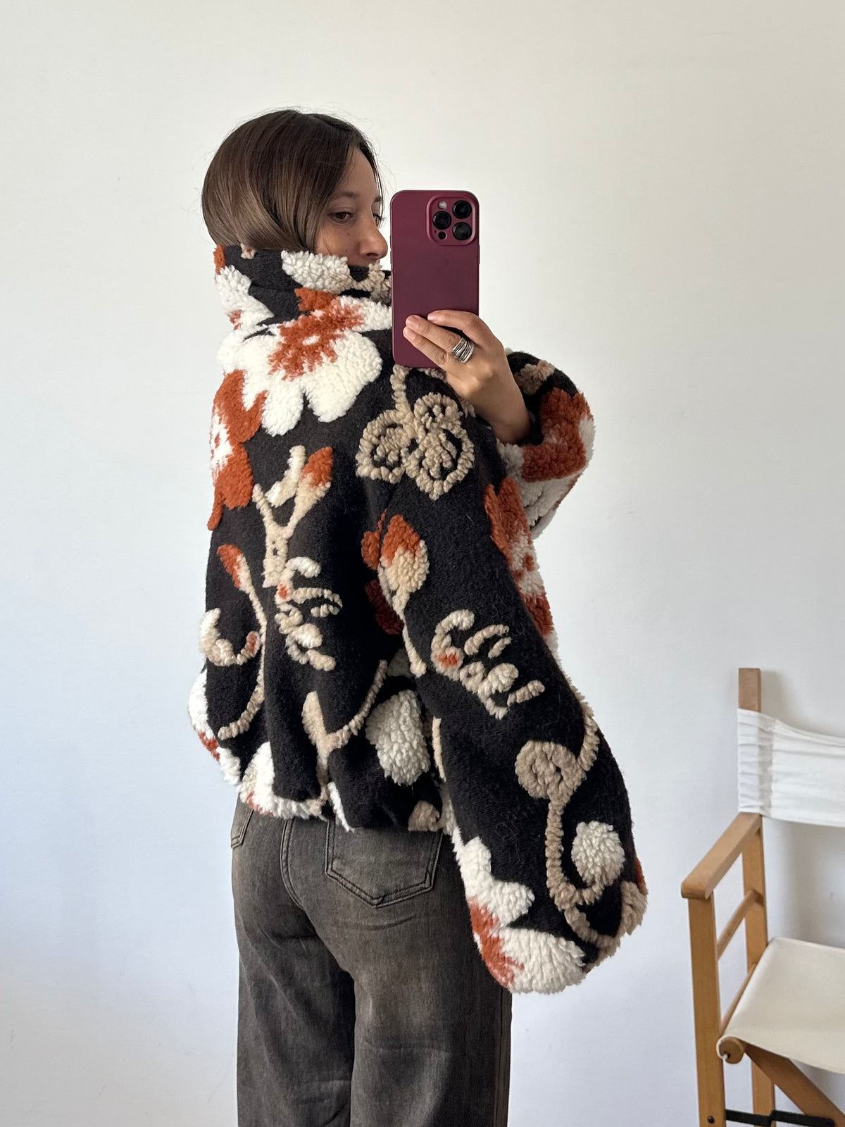 GIACCA PILE FIORE in RILIEVO ARANCIONE-MARRONE