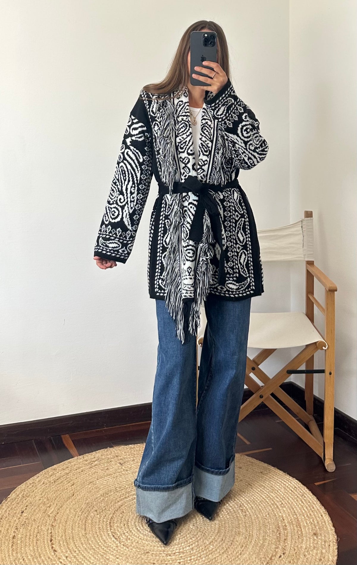 CARDIGAN fantasia PAISLEY NERO-BIANCO