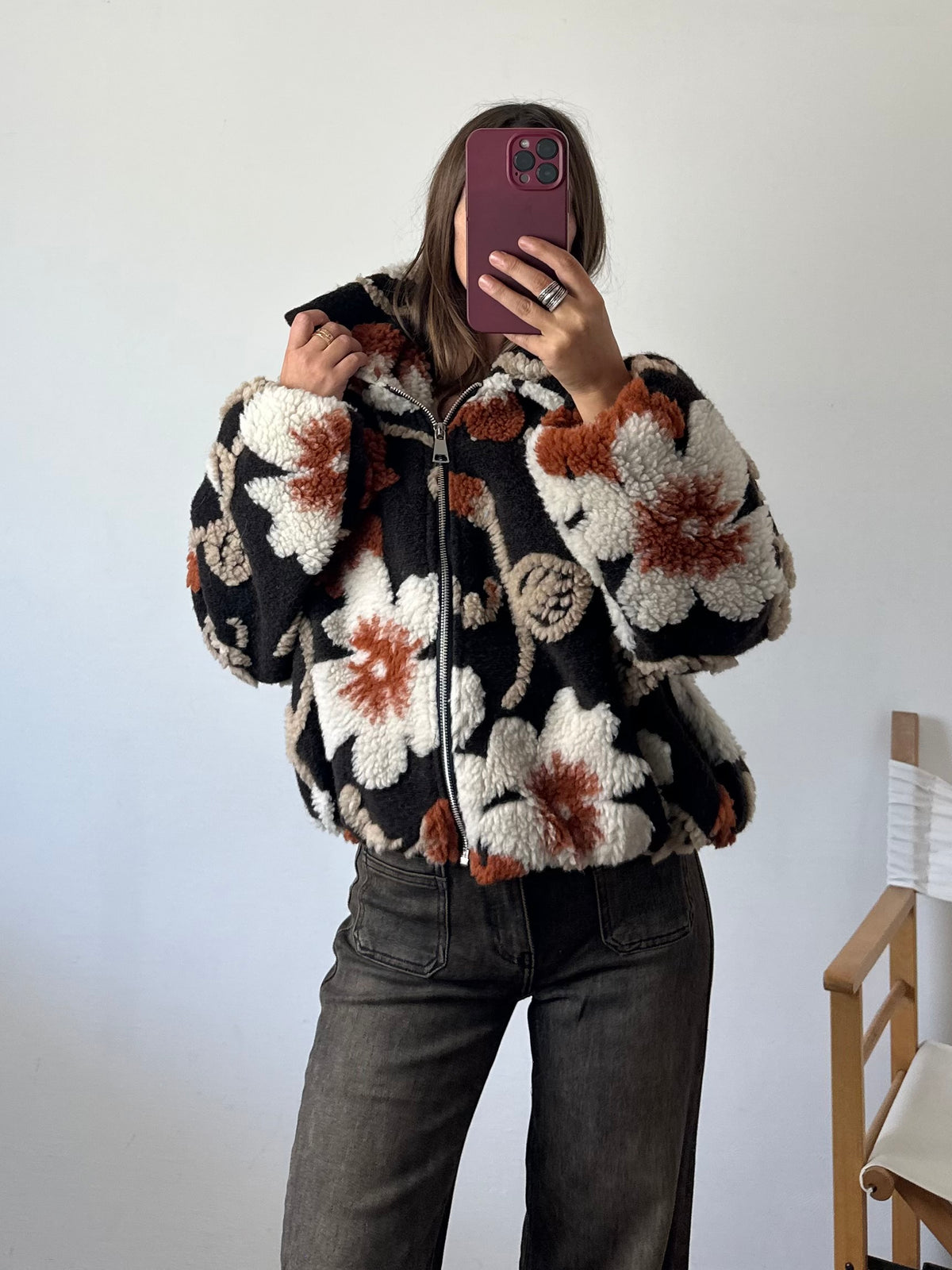 GIACCA PILE FIORE in RILIEVO ARANCIONE-MARRONE