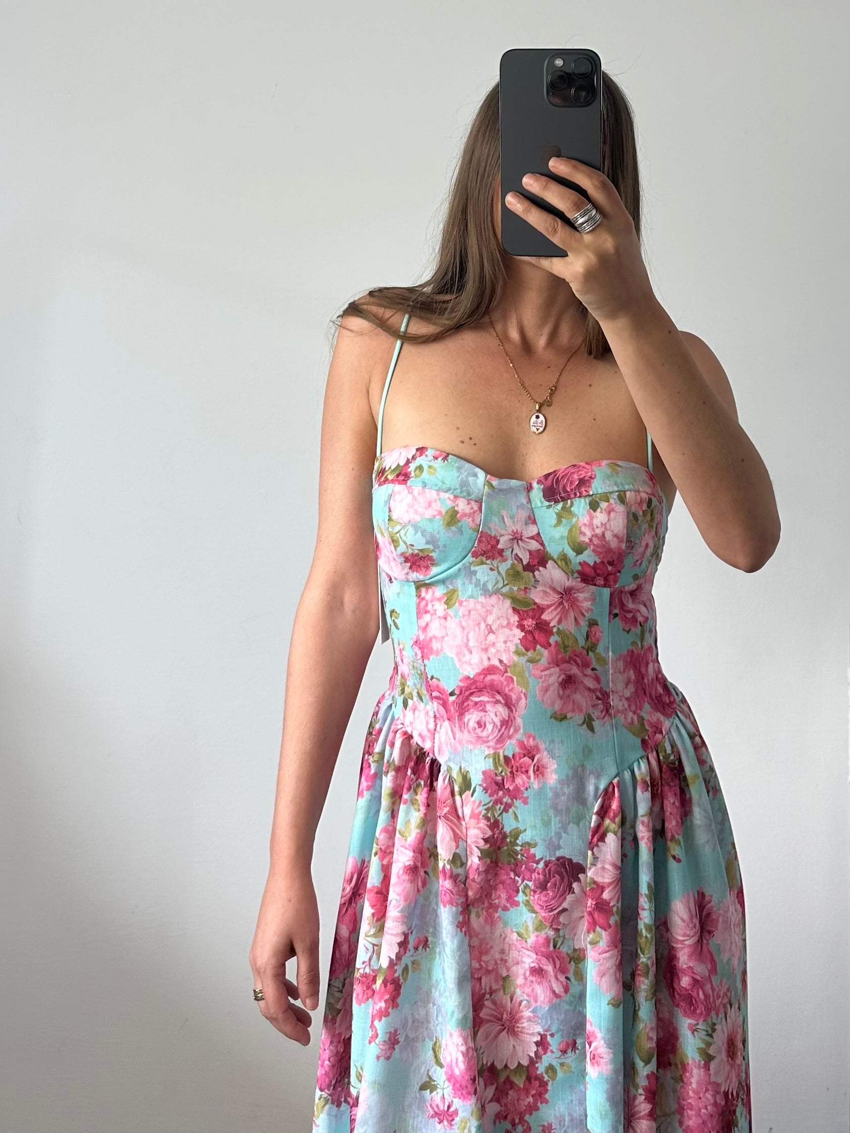 ABITO midi rose in cotone verde acqua-rosa