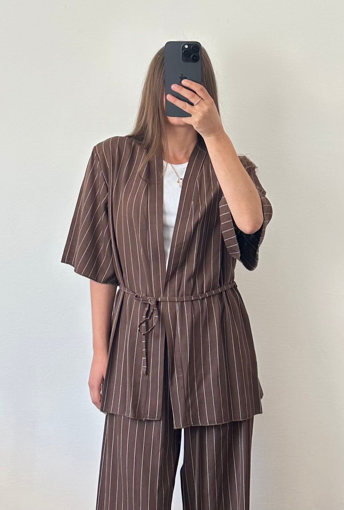 COORDINATO KIMONO misto lino marrone gessato