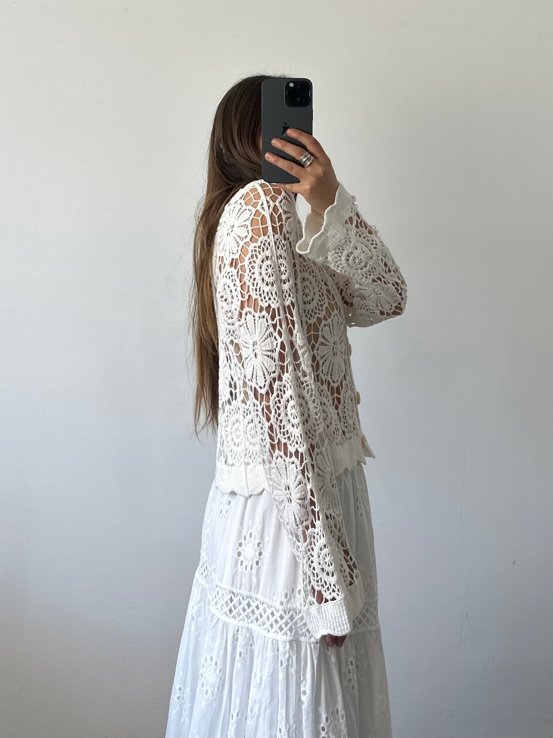 Cardigan crochet 100% cotone traforato bianco