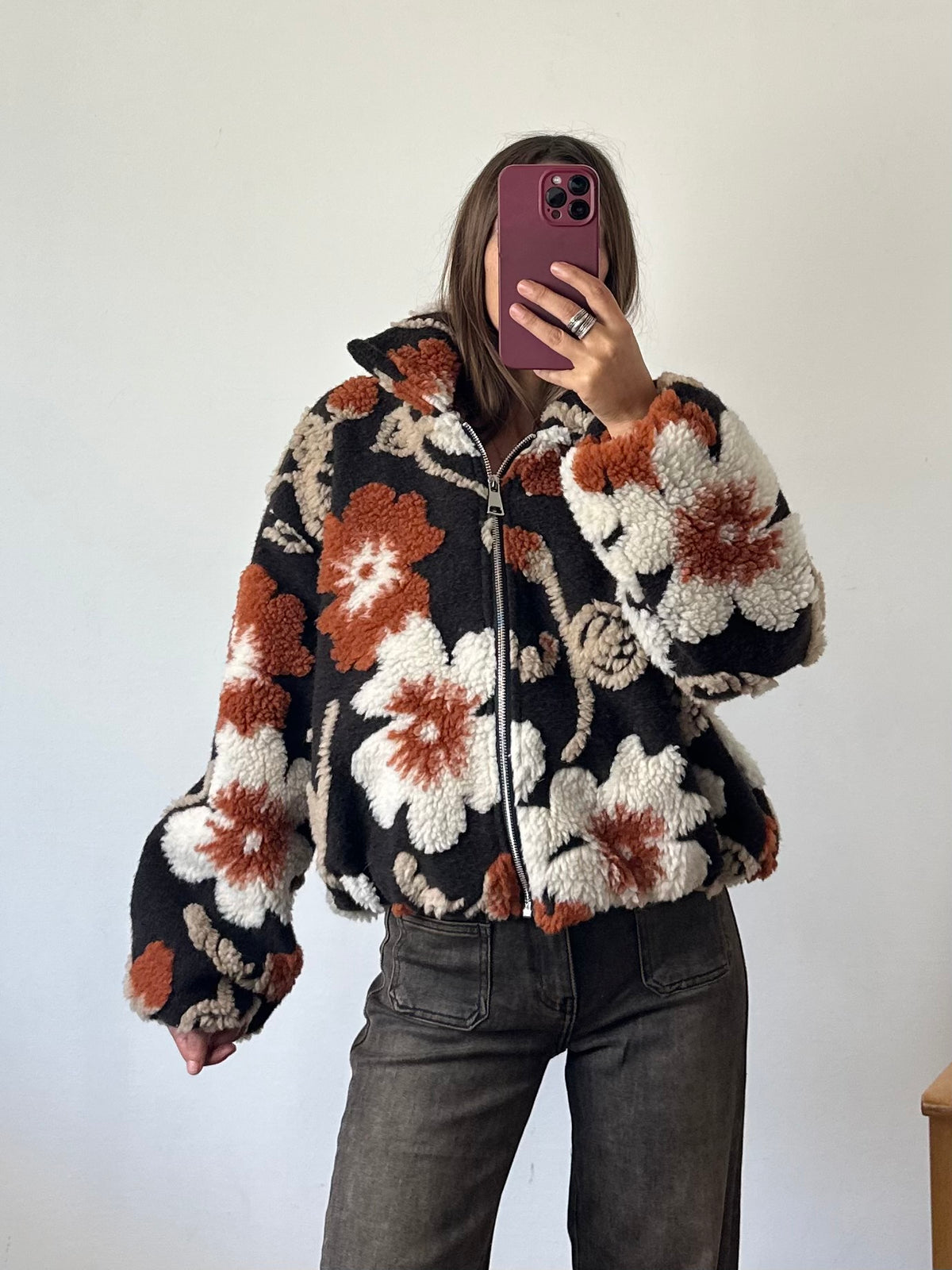 GIACCA PILE FIORE in RILIEVO ARANCIONE-MARRONE