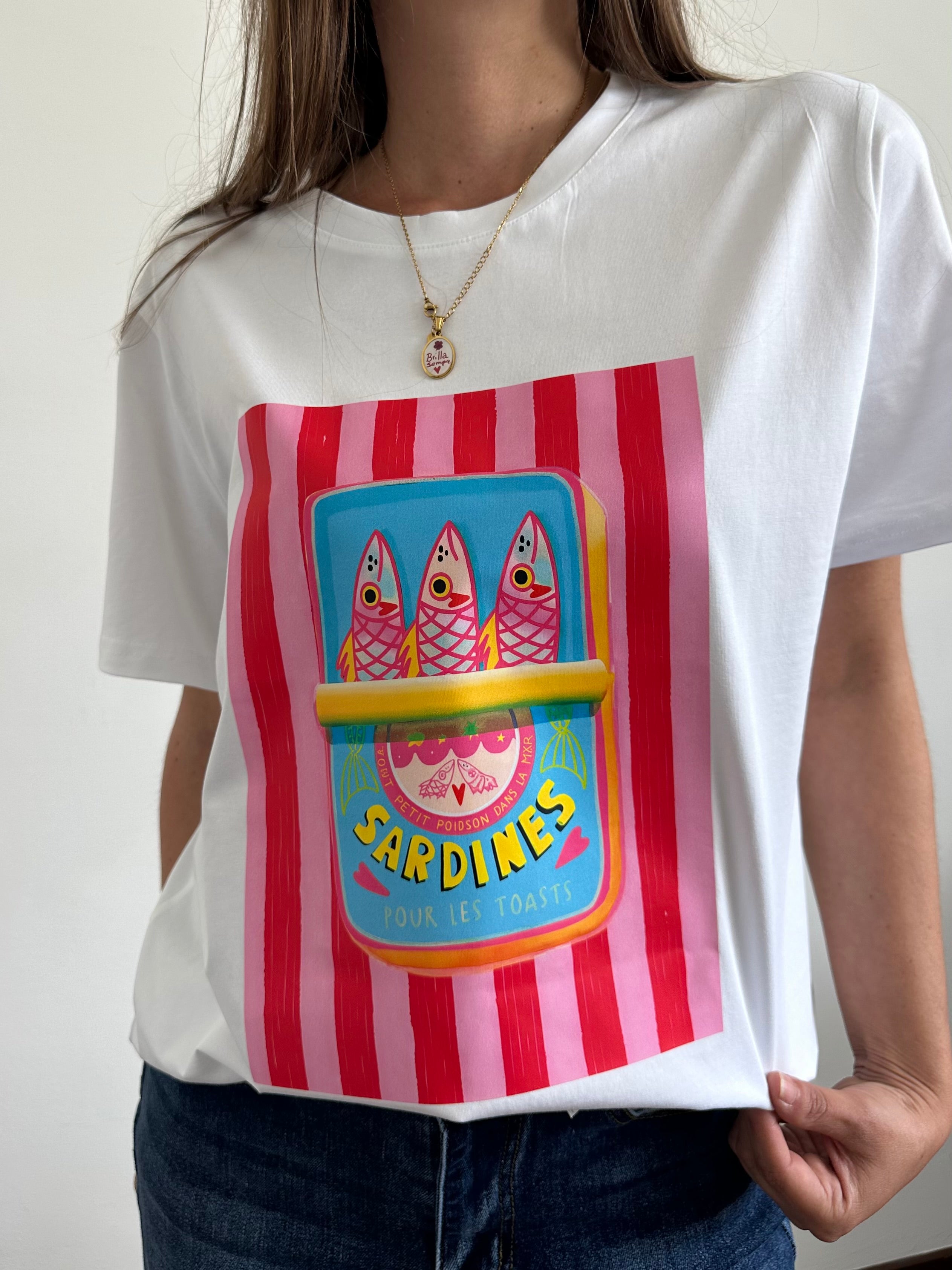 T-shirt in cotone “ sardines “ rosso-rosa