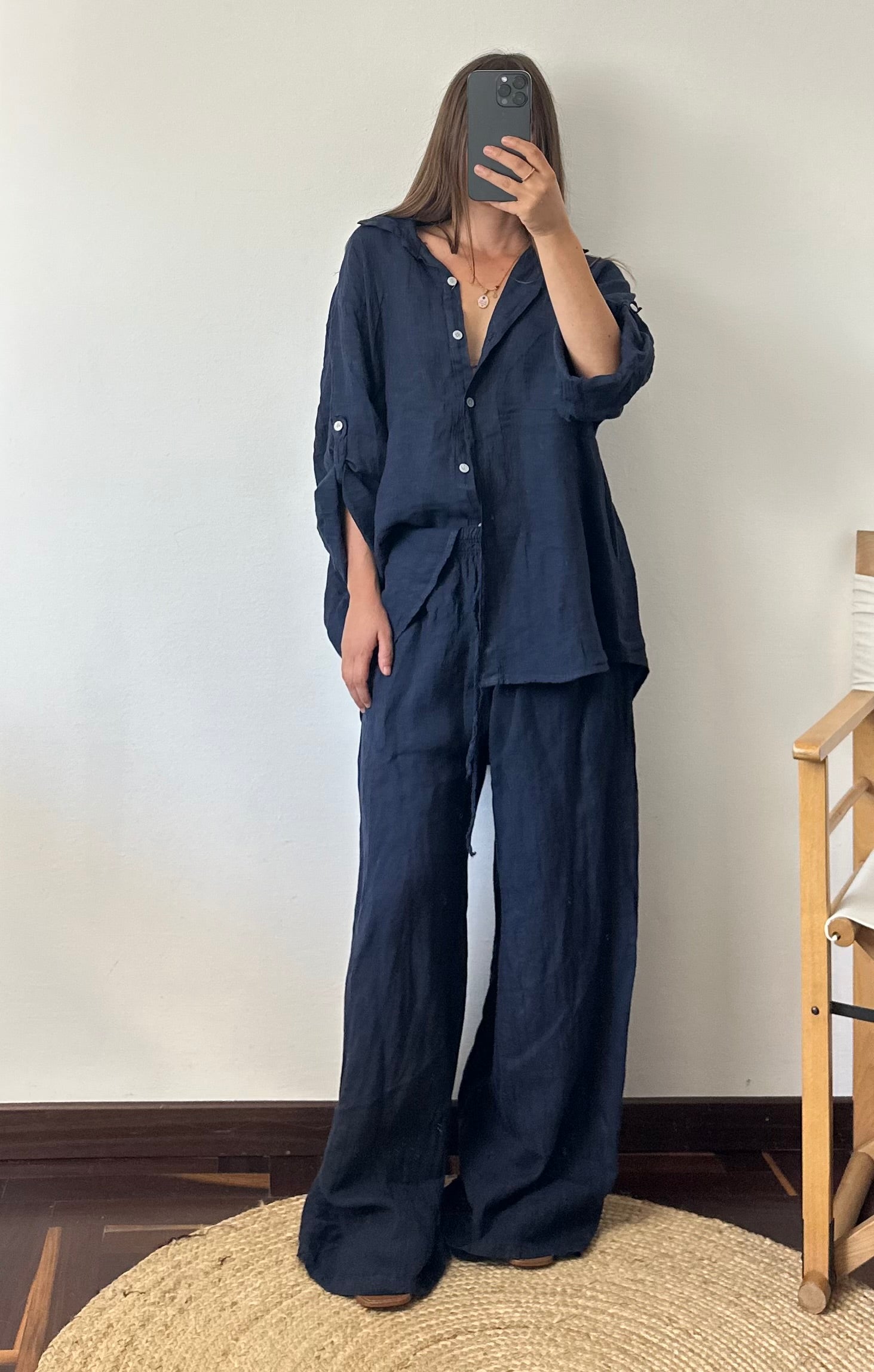 PANTALONE con tasche 100% LINO Blu notte